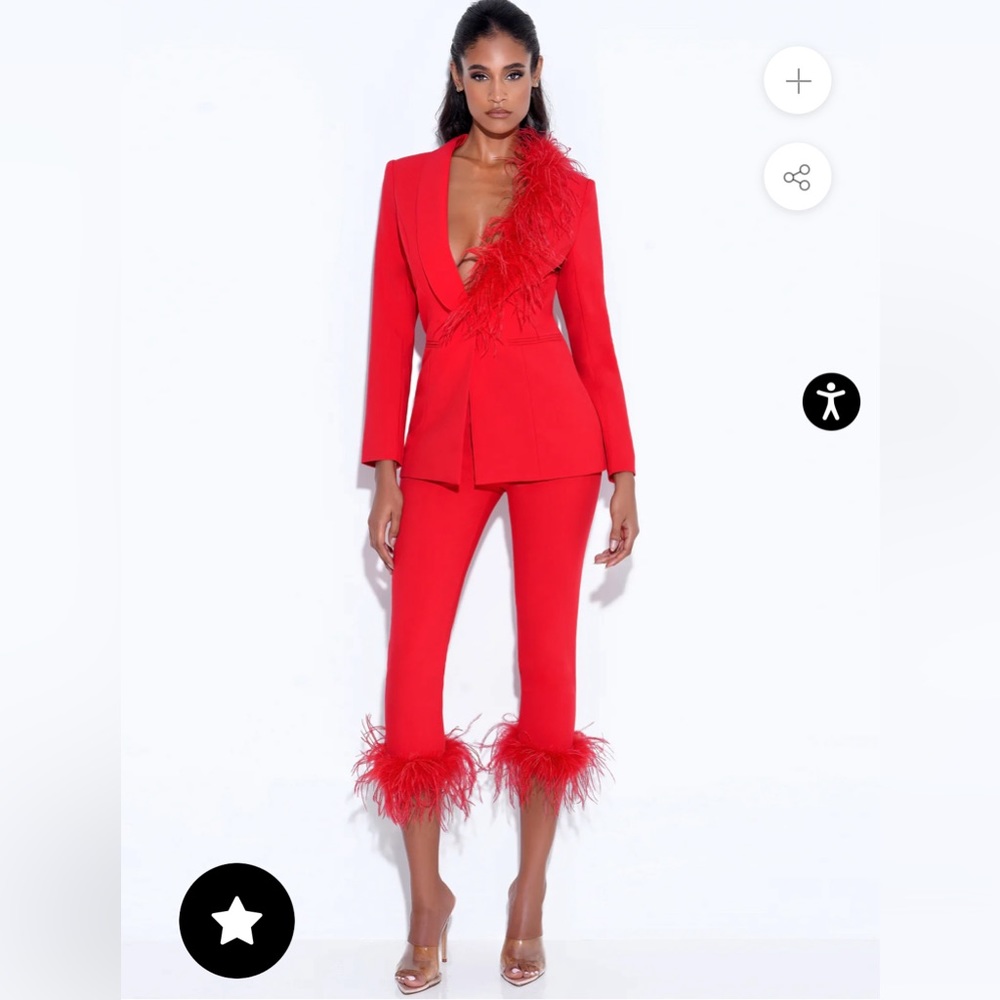 Miss Circle Yulia Red Suit Blazer With Feather Trim and matching red pants